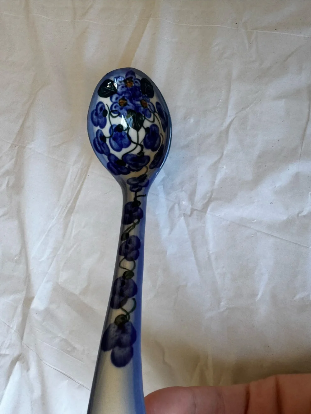 Vintage Polish Pottery Blue Floral Ceramic Spoon Decorative Spoon
